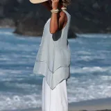 Women Casual Shirts V Neck Sleeveless Asymmetrical Tunics Blouses