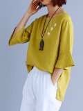 Plus Size Women Solid Embroidered Loose Round Neck Frill Sleeve Cotton And Linen Casual Tops