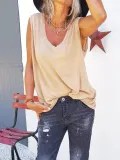 Sleeveless V Neck Solid Shirts & Tops