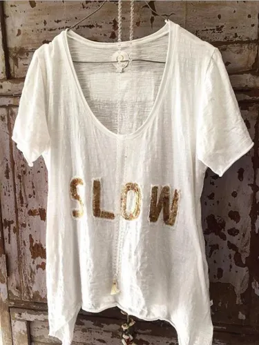 Casual Round Neck Short Sleeve Letter Shirts