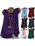 Women  Linen Causal Tops Round Neck Solid  Sleeveless Tanks