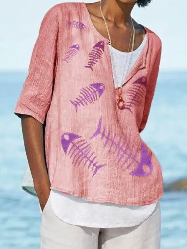 Linen Plain Crew Neck Casual Shirts & Tops