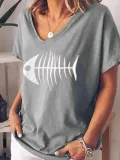 Cotton-Blend V Neck Short Sleeve Casual Shirts & Tops