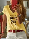 Letter Short Sleeve V Neck Shirts & Tops
