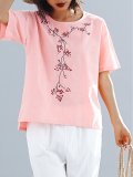 Plus Size  Women  Cotton   Embroidered  Short  Sleeves Round Neck   Casual  Tops
