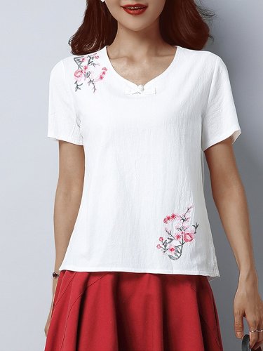 Plus Size Women Loose  V-neck Short Sleeve  Plant Flower Pattern Embroidered Casual Tops