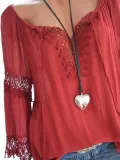V Neck Casual Long Sleeve Cutout Paneled Lace Blouses