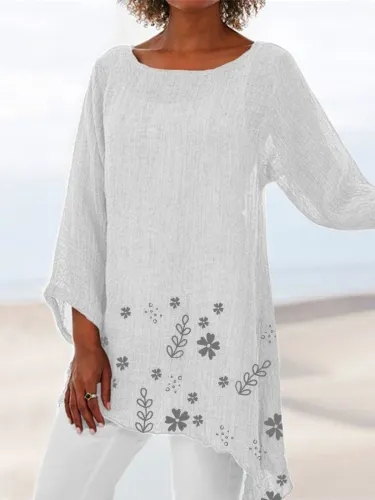 Vintage 3/4 Sleeve Floral-Print Crew Neck Blouse