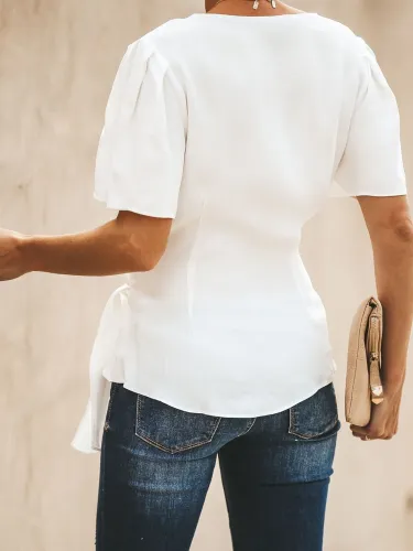 Bow Short Sleeve Sweet Blouses Solid Shirts
