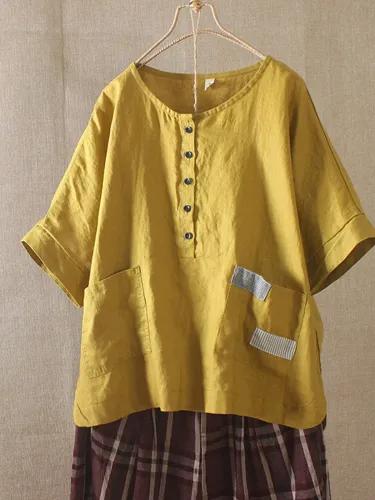 Vintage Button Short Sleeve Patch Pockets Blouse