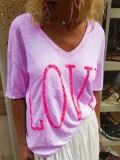 Casual V Neck Floral Letter Shirts & Tops