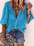 Plain V Neck Holiday Buttoned 3/4 Sleeve Blouse