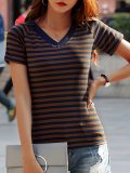 Plus Size  Women   Short Sleeve V-neck Striped  Cotton  Casual  Tops