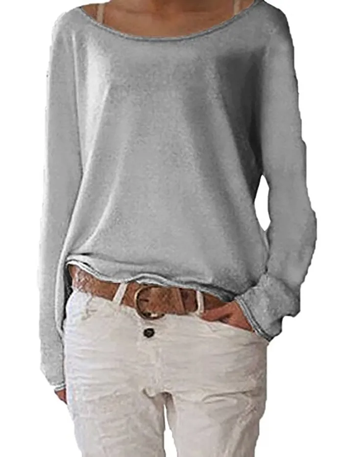 Crew Neck Long Sleeve Cotton Solid T-Shirt