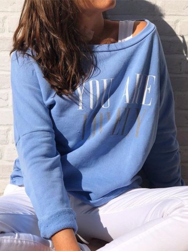 Plus Size Long Sleeve Letter Crew Neck Casual Tops