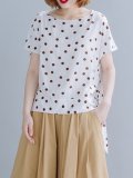 Women Short Sleeve Round Neck Vintage Polka Dots Floral Casual Tops