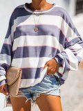 White-Blue Stripes Casual Crew Neck Shirts & Tops