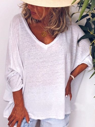 V Neck Solid 3/4 Sleeve Shirts & Tops