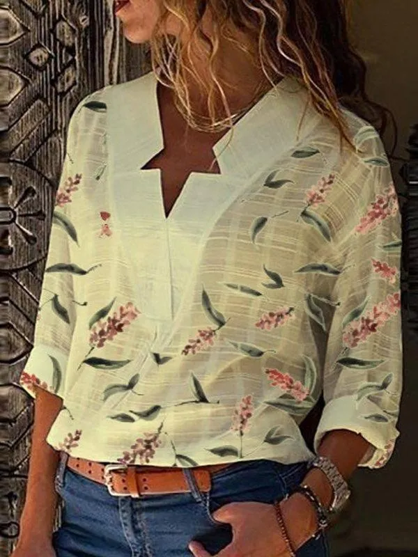 Casual V Neck Printed Long Sleeve Shirts & Tops