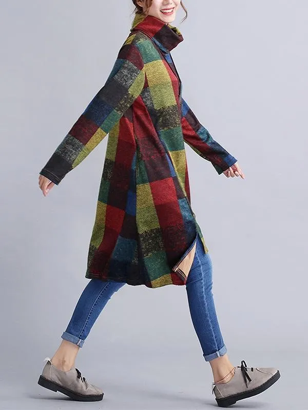 Autumn Winter Casual Plaid Turtleneck Long Sleeve Sweatshirt