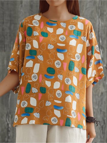 Plus Size Women Cotton And Linen Round Neck Short Sleeve Floral Loose Casual Tops