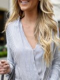 Blue Casual V Neck Striped Blouse