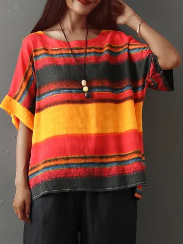 Plus Size Women Short Sleeve Round Neck Vintage Striped Floral Casual Tops