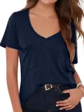Casual V Neck Pockets Cotton-Blend Shirts & Tops
