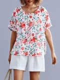 Romantic Floral Short Sleeves Round Neck Loose Casual Tops