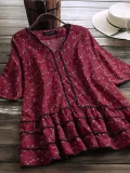 Half Sleeve Sweet V Neck Patchwork Shirts & Tops