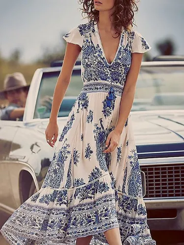 Women Print Dress Swing Daytime Slit Floral Dress