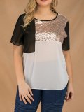 Plus Size Women Short Sleeve Round Neck Sequins Patchwork Loose Casual Tops