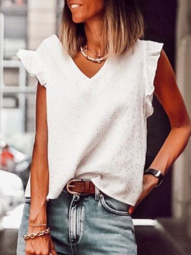 V Neck Solid Cotton Shirts & Tops