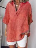 Linen Short Sleeve Solid Casual Shirts Blouses