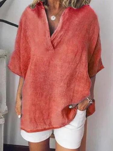 Linen Short Sleeve Solid Casual Shirts Blouses