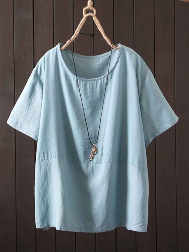 Short Sleeve Solid Round Neck Cotton-Blend Shirts & Tops