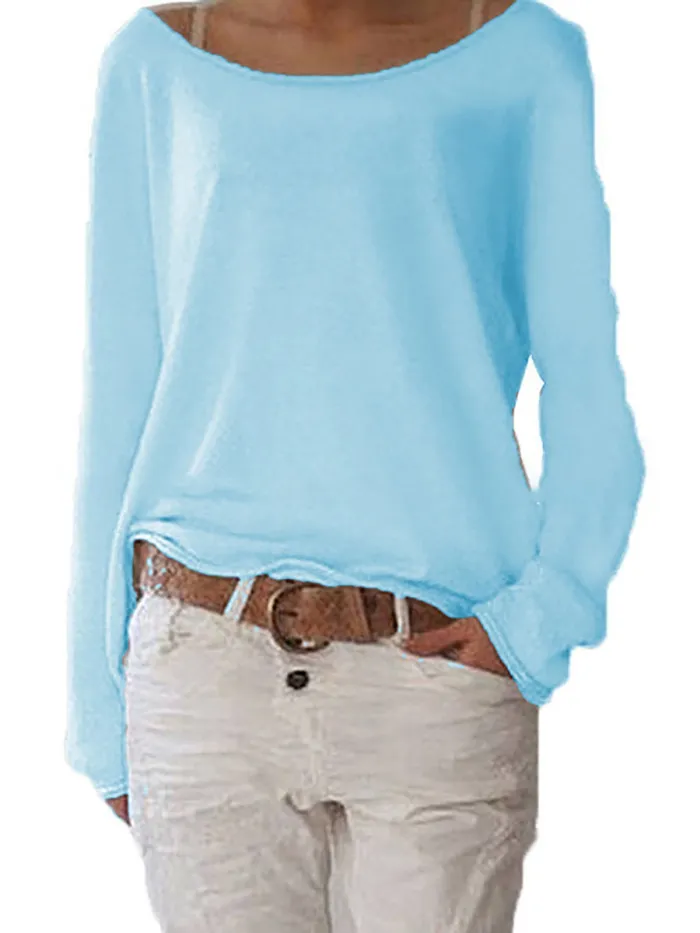 Crew Neck Long Sleeve Cotton Solid T-Shirt