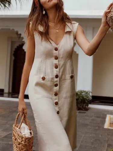 Plus Size  Casual Solid Sleeveless V Neck Pockets Midi Dresses