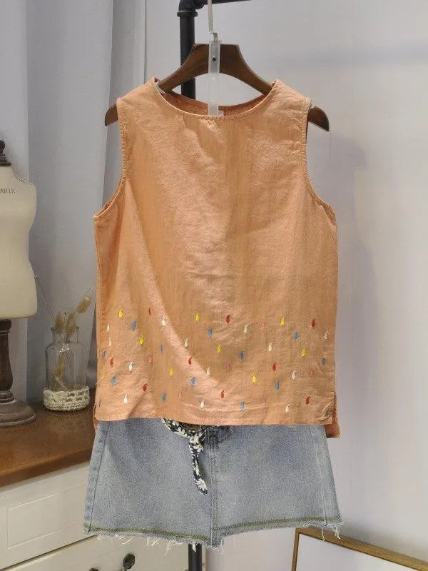 Casual Round Neck Sleeveless Embroidery Tops