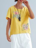 Plus Size  Cotton And Linen Embroidered Solid  Loose  Casual   Top