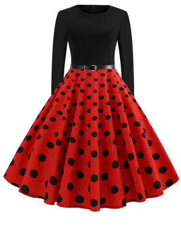 Vintage Black Dots Print Patchwork Long Sleeve Evening Gowns Dresses