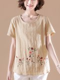 Embroidered Short Sleeve Cotton-Blend Shirts & Tops