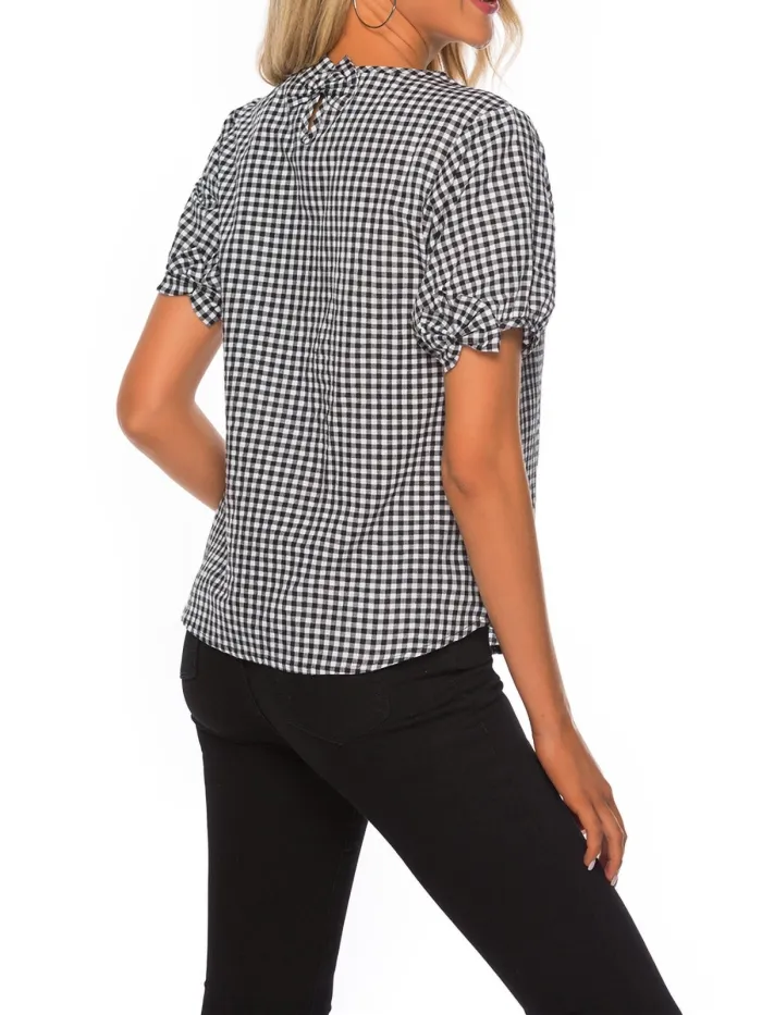 Women Bow Lantern Sleeve Round Neck Short Sleeve Plaid T-Shirt Top