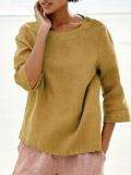Casual Buttoned Crew Neck Solid Shirts & Tops