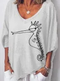 3/4 Sleeve V Neck Casual Seahorse Tops