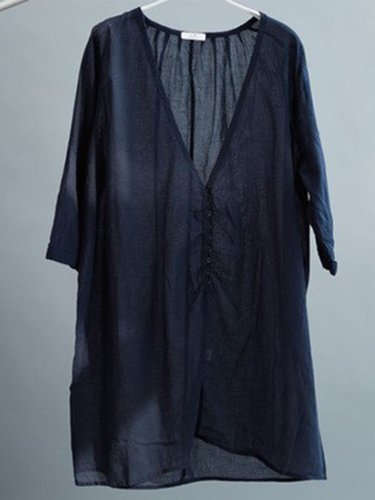 Plus Size Women Solid Front Button With Gray Sling Tops Loose Casual Midi Cotton Shirt