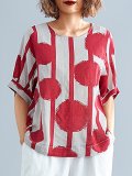 Plus Size Women Short Sleeve Round Neck Vintage Striped Polka Dots Floral Casual Tops