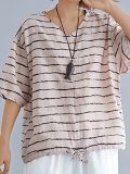 Plus Size Women Short Sleeve V-Neck Striped Casual Tops