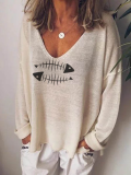 Cotton-Blend Casual V Neck Animal Shirts & Tops