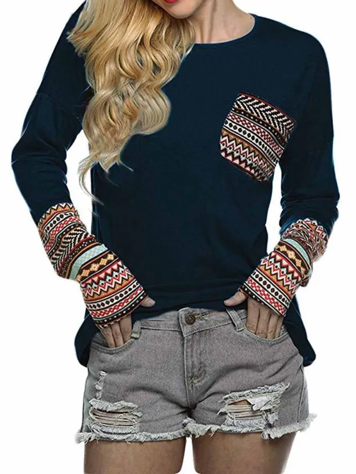 Women's Long Sleeve O-Neck Patchwork Casual Loose Blouse With Thumb Holes